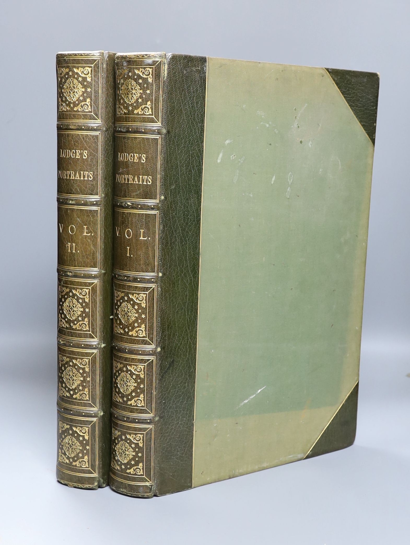 Lodge, Edmund - Portraits of Illustrious Personages of Great Britain ... vols 1 & 2 (of 4). numerous engraved plates, sunbscriber's list, half titles; later green half morocco and cloth, gilt-decorated and lettered panel